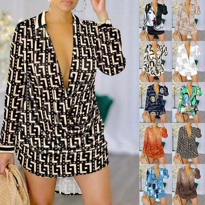 "Women's geometric pattern shirt dress in beige and black tones"