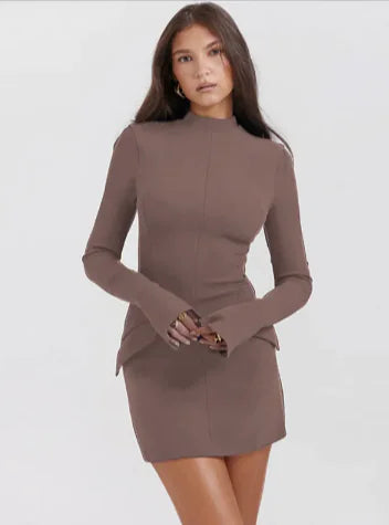 Taupe Long-Sleeve Bodycon Mini Dress with Pocket Accents - Front View