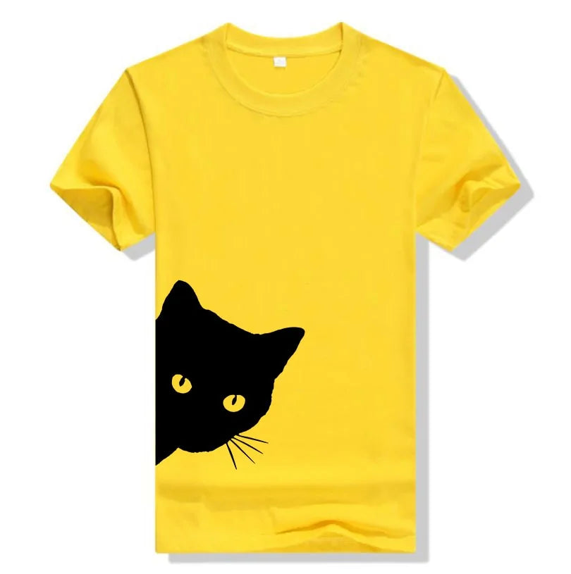 Yellow Cat Tee – Bright yellow women's t-shirt with a black peeking cat print featuring yellow eyes.