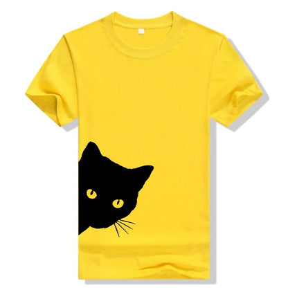 Yellow Cat Tee – Bright yellow women's t-shirt with a black peeking cat print featuring yellow eyes.