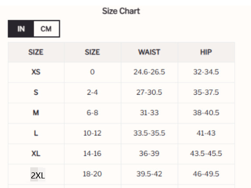 Size chart for women's utility cargo trousers in inches, detailing waist and hip measurements for sizes XS to 2XL.