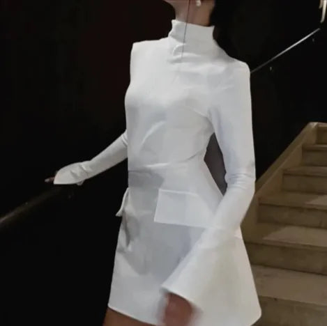 Cream Long-Sleeve Fitted Mini Dress with Waist Flap Pockets - Front View