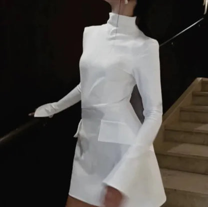 Cream Long-Sleeve Fitted Mini Dress with Waist Flap Pockets - Front View