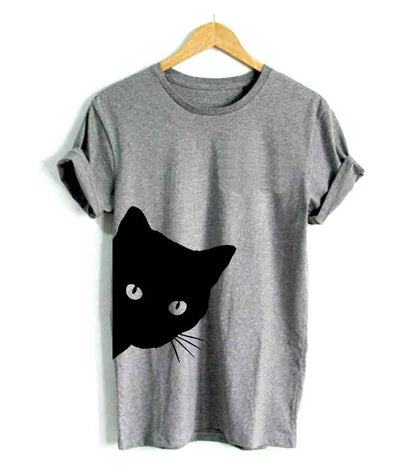 Grey Cat Tee – Grey rolled-sleeve women's t-shirt featuring a black silhouette of a cat peeking from the hem.