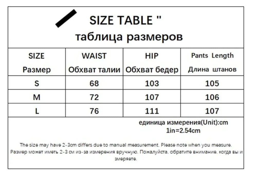 Size chart in centimeters showing waist, hip, and length measurements for sizes S, M, and L.