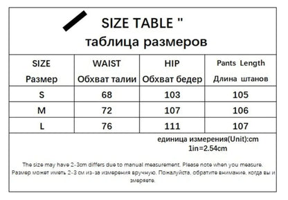 Size chart in centimeters showing waist, hip, and length measurements for sizes S, M, and L.