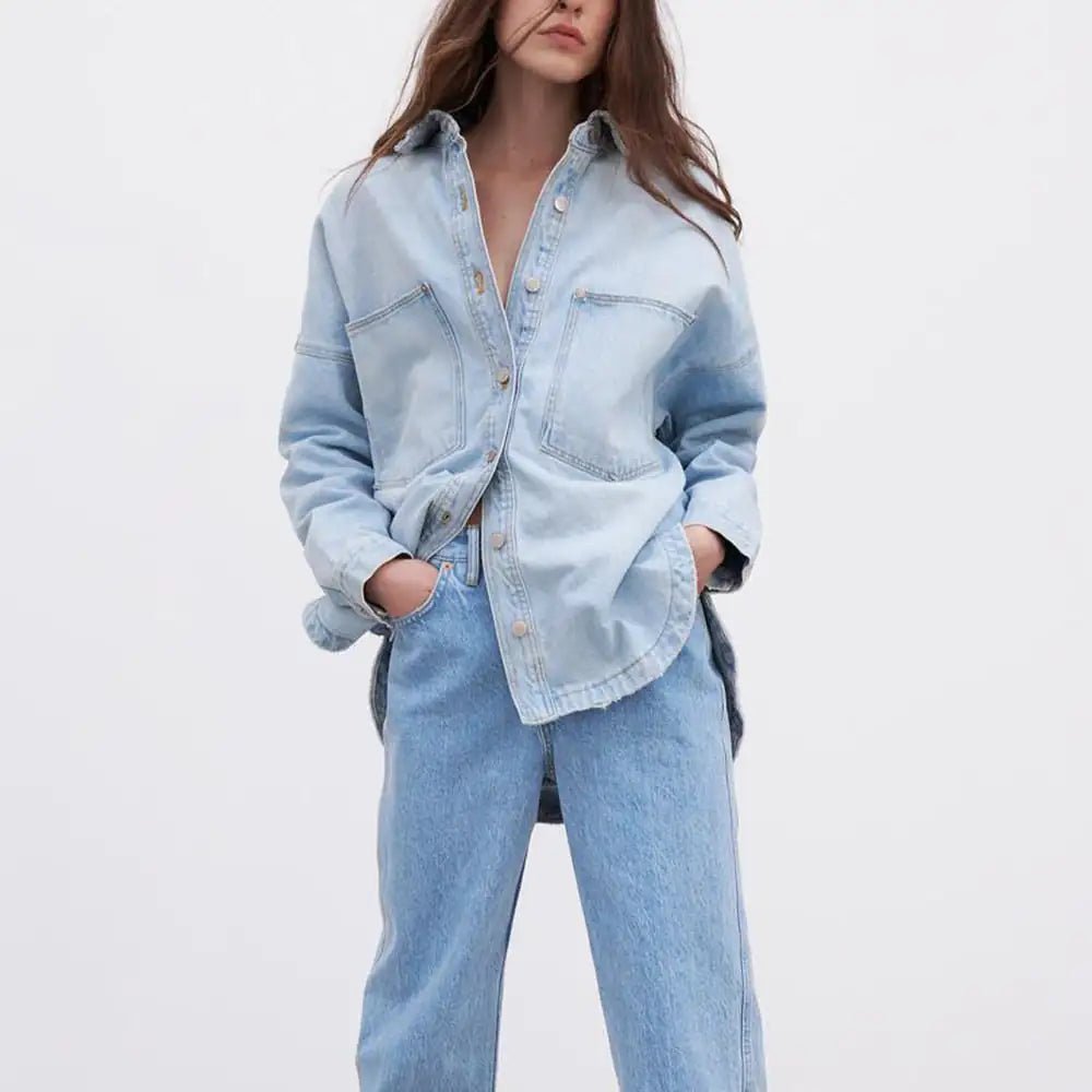 Light blue denim shirt jacket styled with matching jeans, front view on model.