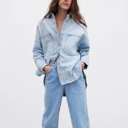 Light blue denim shirt jacket styled with matching jeans, front view on model.
