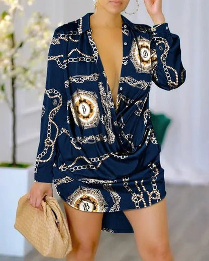  "Women's deep V-neck shirt dress with chain and coin print in navy blue"