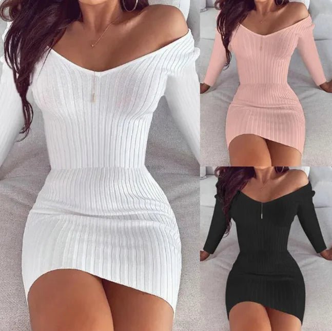 Collage showing the ribbed off-shoulder mini dress in white, pink, and black, each modeled on a seated woman.