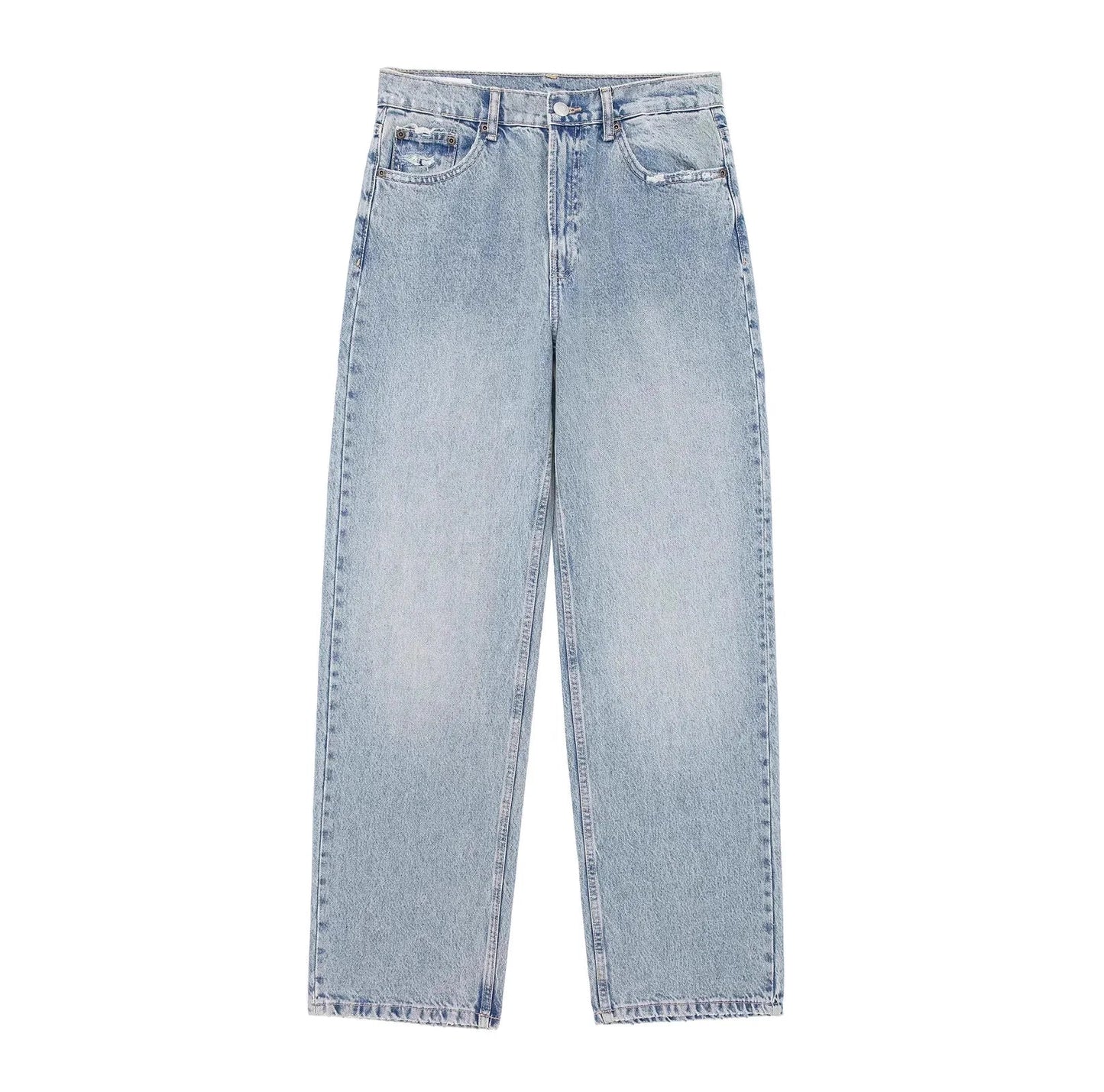 Classic light wash straight leg jeans displayed on white background