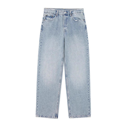 Classic light wash straight leg jeans displayed on white background