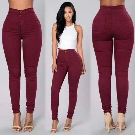 "Slim-fit high-rise jeans in burgundy, front and back view on model with heels"