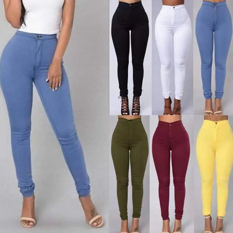 "Color variety of high-rise slim jeans including burgundy, black, olive, blue, and yellow"