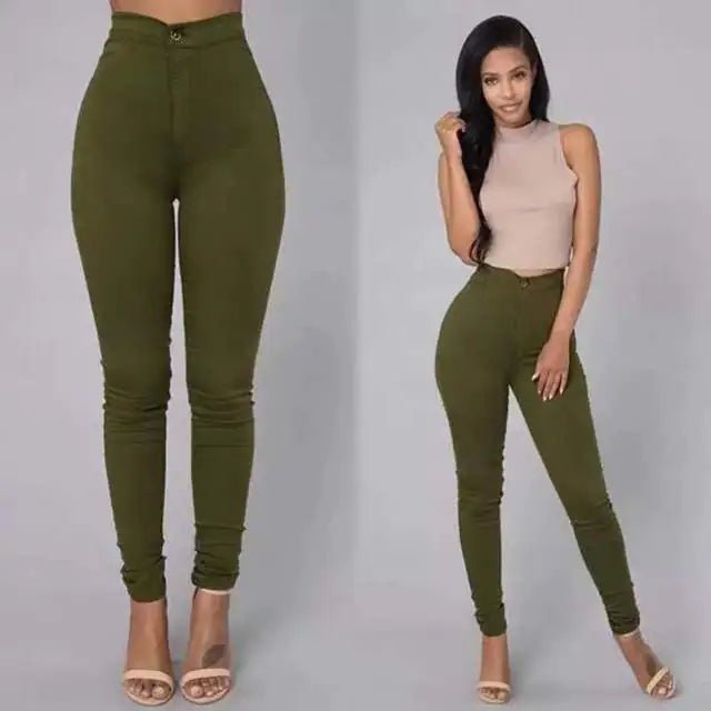 "Olive green high-rise jeans styled with a neutral sleeveless top, full views"