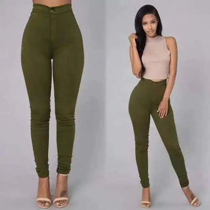 "Olive green high-rise jeans styled with a neutral sleeveless top, full views"