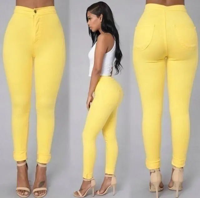 "Bright yellow high-rise jeans, styled for modern casual looks"