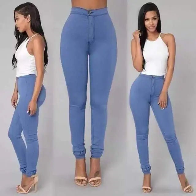 "Sky blue high-waist jeans with fitted cut, front and side view"