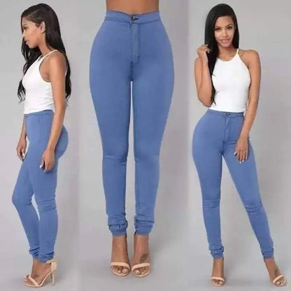 "Sky blue high-waist jeans with fitted cut, front and side view"