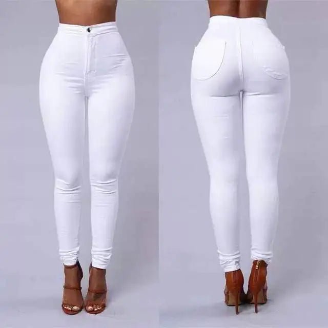 "Crisp white high-waist jeans with clean seam finish, full view"