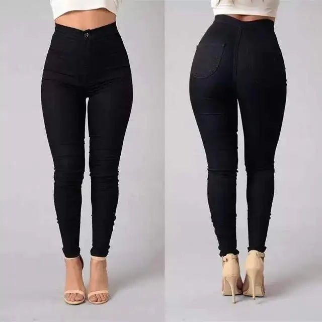 "Black slim-fit high-waist jeans on model, showcasing both angles"