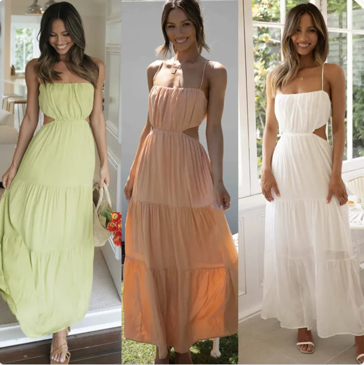 Three women wearing the same open waist flared maxi dress in lime green, peach, and white colors, standing side by side in bright indoor settings.