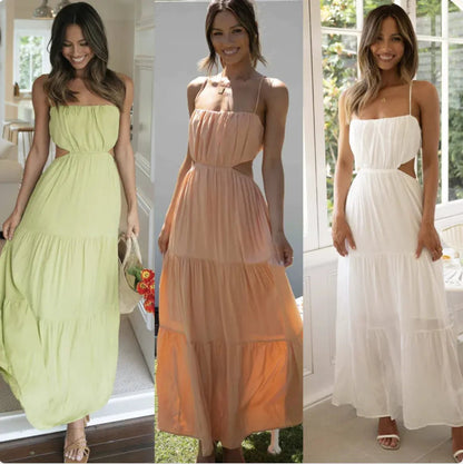 Three women wearing the same open waist flared maxi dress in lime green, peach, and white colors, standing side by side in bright indoor settings.