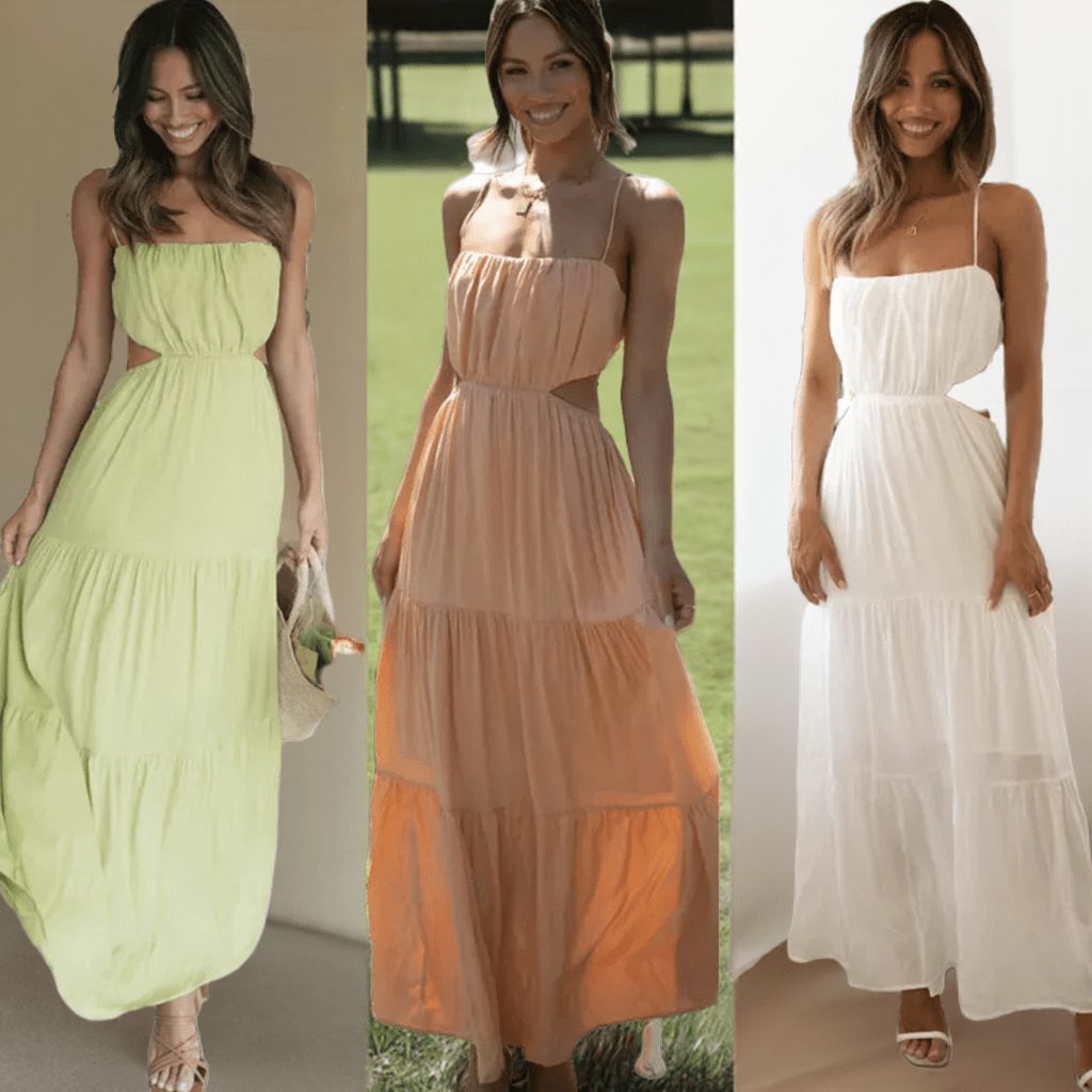 Three women wearing the same open waist flared maxi dress in lime green, peach, and white colors, standing side by side in bright indoor settings.