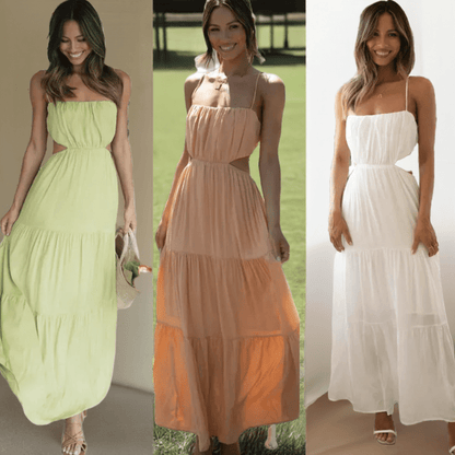 Three women wearing the same open waist flared maxi dress in lime green, peach, and white colors, standing side by side in bright indoor settings.