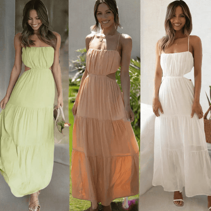 Three women wearing the same open waist flared maxi dress in lime green, peach, and white colors, standing side by side in bright indoor settings.