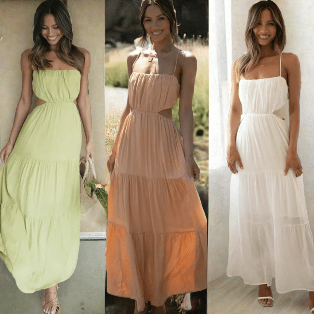 Three women wearing the same open waist flared maxi dress in lime green, peach, and white colors, standing side by side in bright indoor settings.