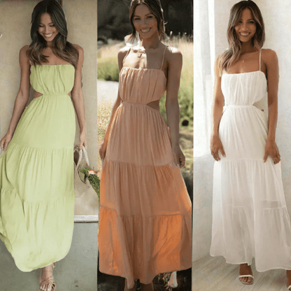 Three women wearing the same open waist flared maxi dress in lime green, peach, and white colors, standing side by side in bright indoor settings.