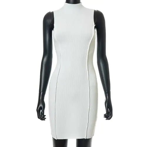 Front view of a white ribbed halter mini dress displayed on a black mannequin, showcasing its tight fit and high neckline.