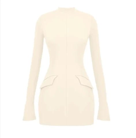 Cream Long-Sleeve Fitted Mini Dress with Waist Flap Pockets - Front View