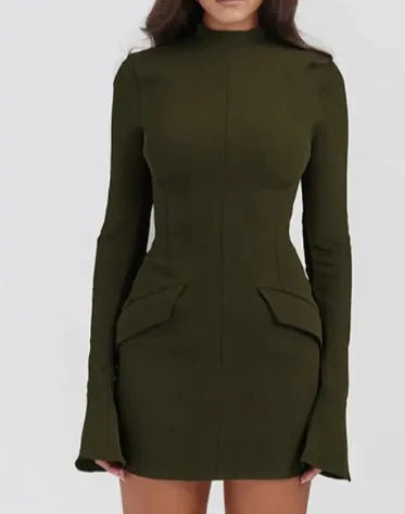 Woman wearing an olive green slim-fit long-sleeve mini dress with a high neckline and flared cuffs.