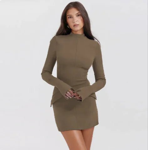 Woman wearing an olive green slim-fit long-sleeve mini dress with a high neckline and flared cuffs.