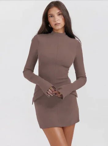 Taupe Long-Sleeve Bodycon Mini Dress with Pocket Accents - Front View