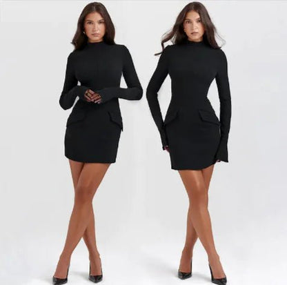 Two women wearing the same black slimline mini dress with long sleeves and side pockets.