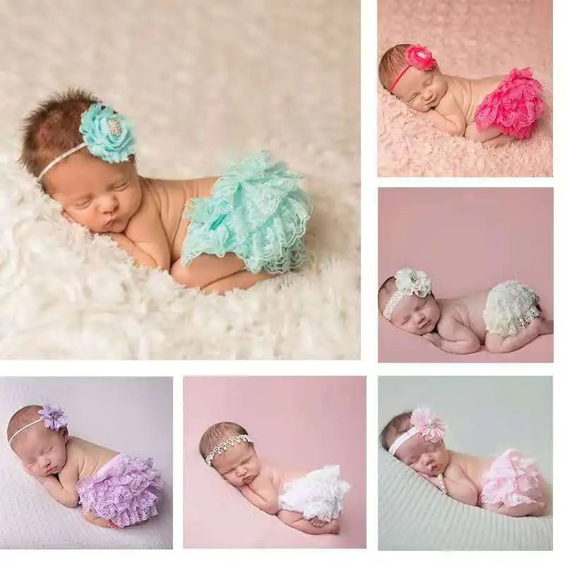 "Collage of newborn babies sleeping in various colored lace bloomers with matching headbands, showcasing different pastel shades of pink, lavender, mint, and white"