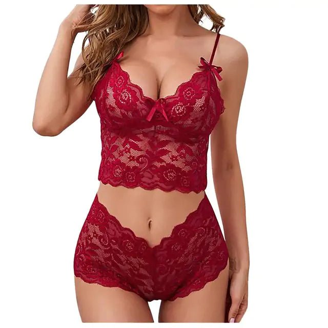 Red floral lace nightwear set with comfortable fit