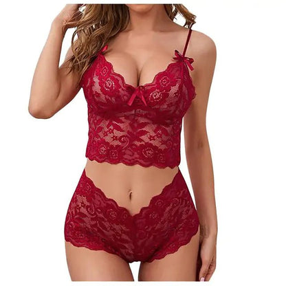 Red floral lace nightwear set with comfortable fit