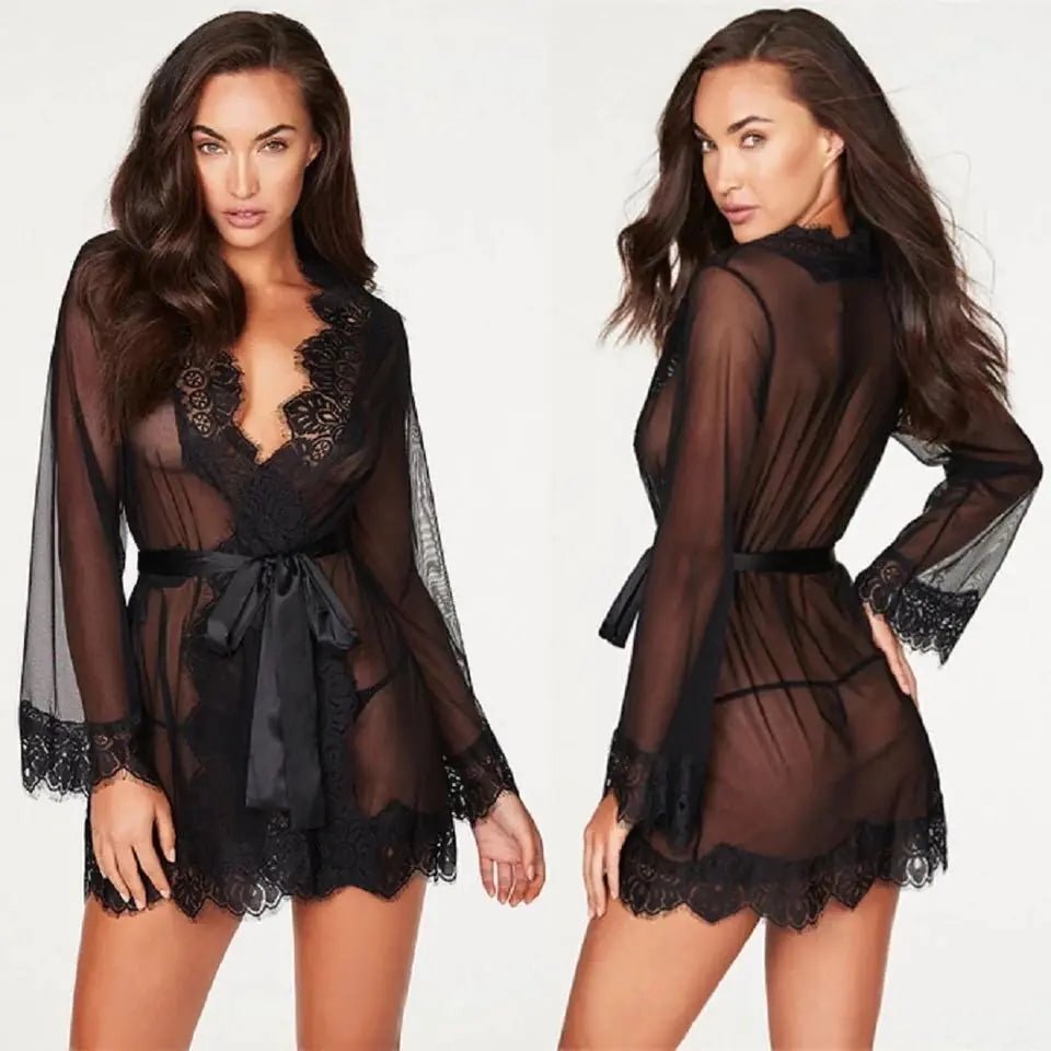 Black mesh robe with elegant lace detailing, shown front and back