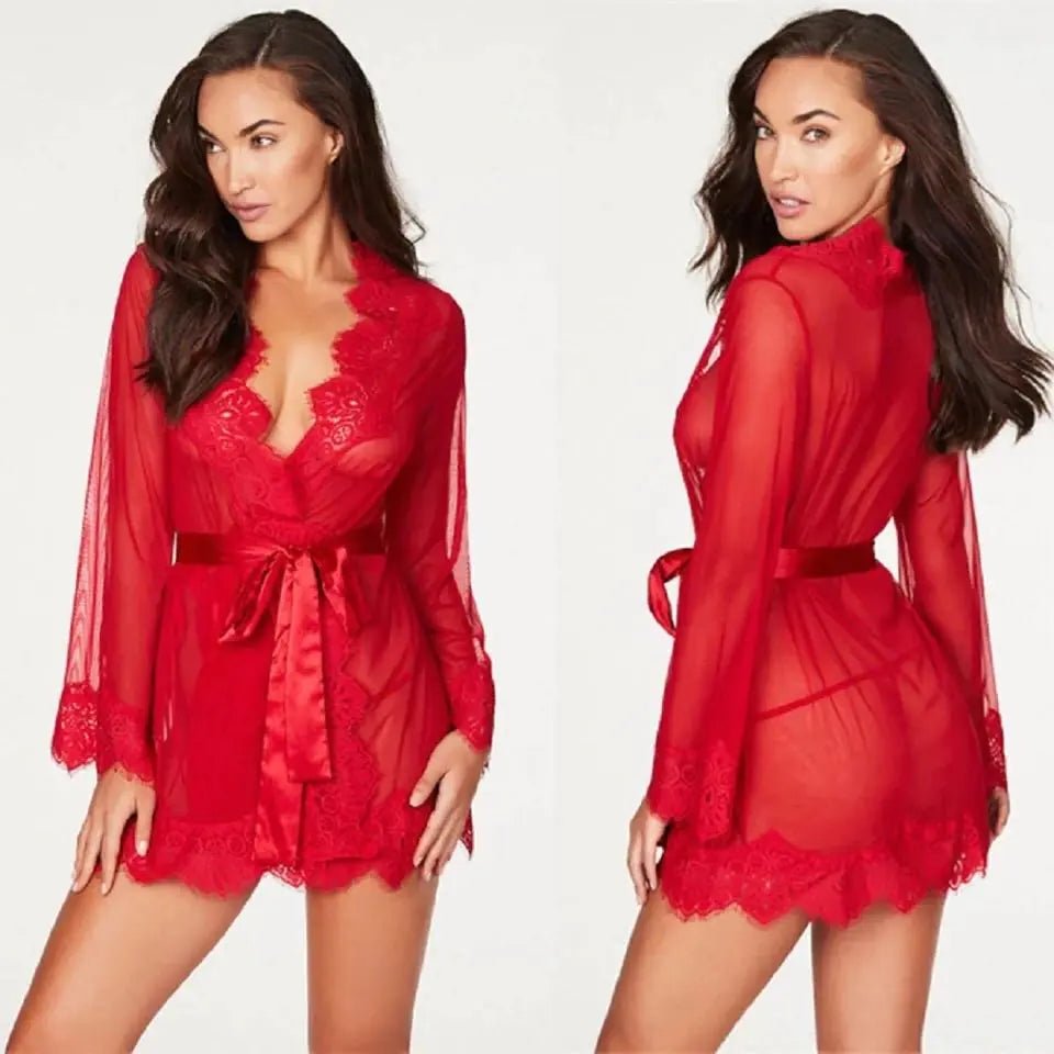 red mesh robe with elegant lace detailing, shown front and back