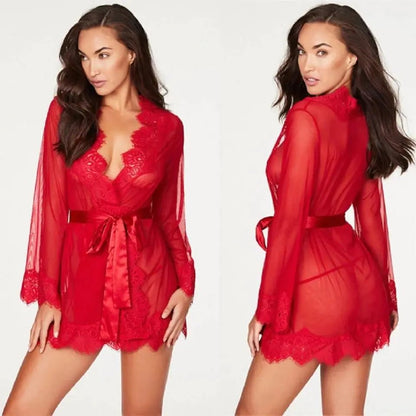 red mesh robe with elegant lace detailing, shown front and back