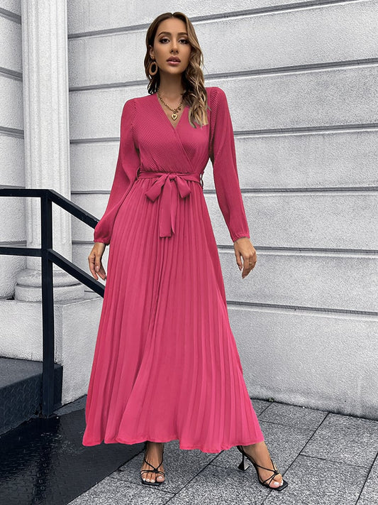 Elegant V - Neck Pleated A - Line Dress – Long Sleeve Mid - Length Design - ModaFamilies Elegant V - Neck Pleated A - Line Dress – Long Sleeve Mid - Length Design - ModaFamilies | Product Image or Size Chart