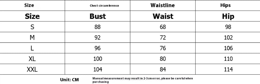 Size chart displaying measurements in centimeters for bust, waist, and hips across sizes S to XXL.