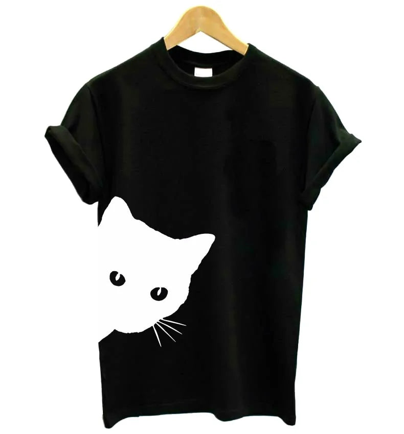 Black Cat Tee – Black women's t-shirt with a contrasting white cat graphic peeking from the bottom corner.