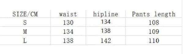 Size chart for jogger pants showing waist, hipline, and pants length measurements in centimeters for sizes S, M, and L.