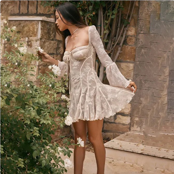 Lace Square Collar Dress Bell - bottom Long Sleeve Tied A - Line Dresses Womens Clothing - ModaFamilies Lace Square Collar Dress Bell - bottom Long Sleeve Tied A - Line Dresses Womens Clothing - ModaFamilies | Product Image or Size Chart