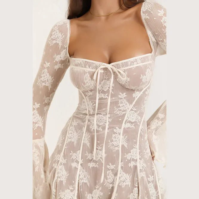 Lace Square Collar Dress Bell - bottom Long Sleeve Tied A - Line Dresses Womens Clothing - ModaFamilies Lace Square Collar Dress Bell - bottom Long Sleeve Tied A - Line Dresses Womens Clothing - ModaFamilies | Product Image or Size Chart